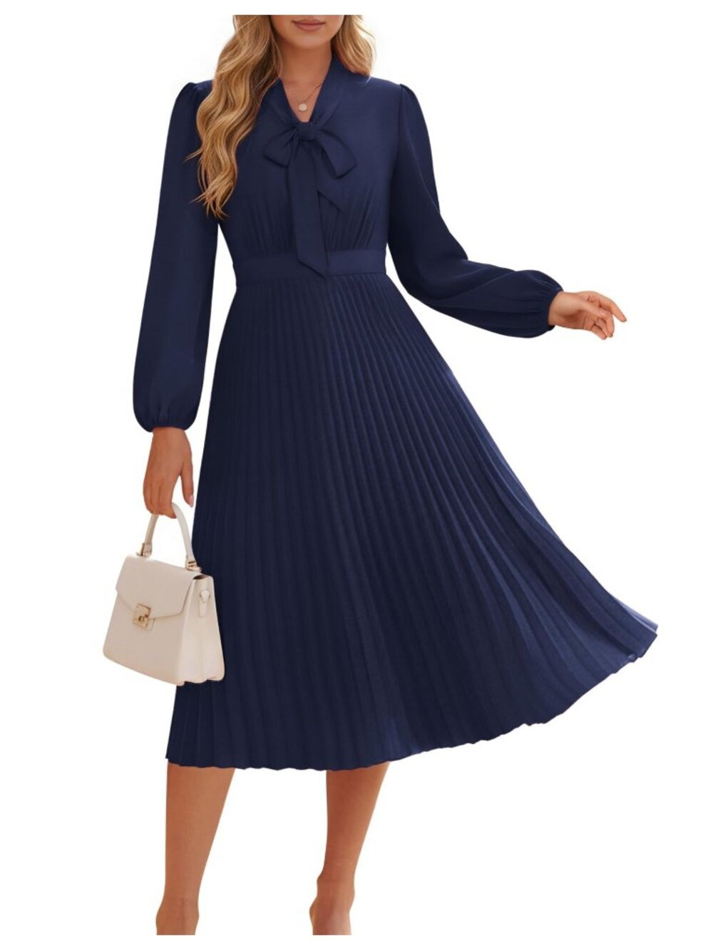 GRACE KARIN Long Sleeve V Neck Pleated A Line Dress Flowy Bow Tie Navy Blue US 8